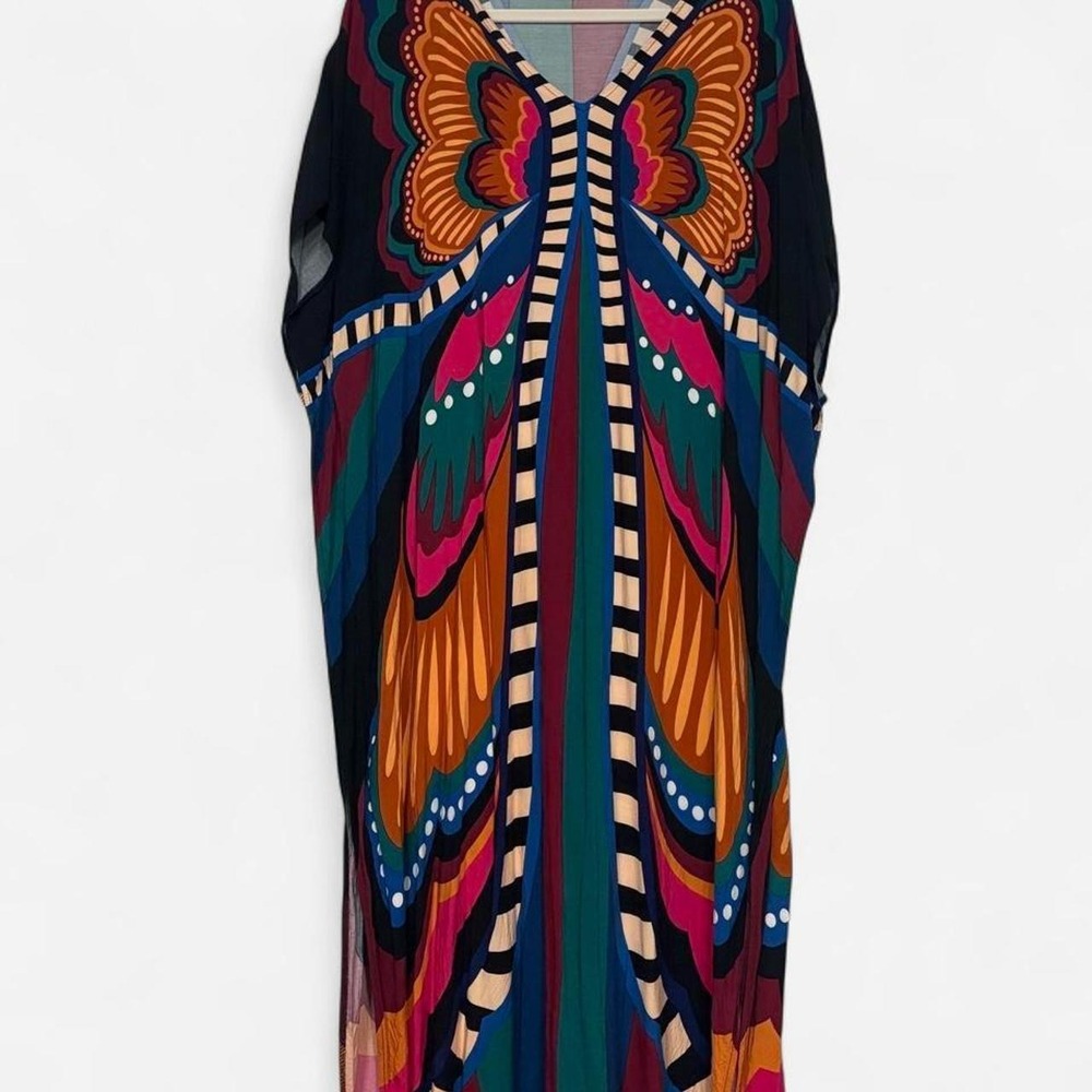 Multicolored butterfly print kaftan dress orange, teal, pink, and black design